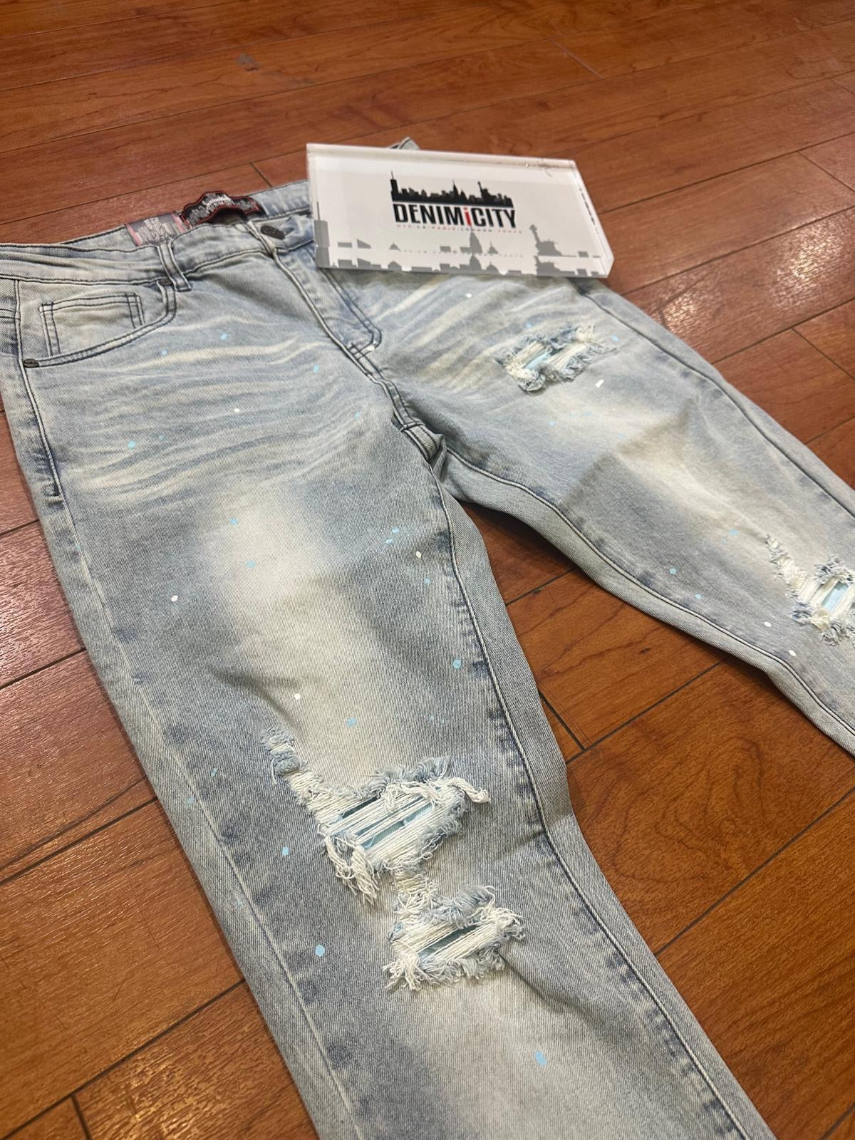 Denim City - Rip & Repair Light Washed Denim - W Baby Blue Stitch