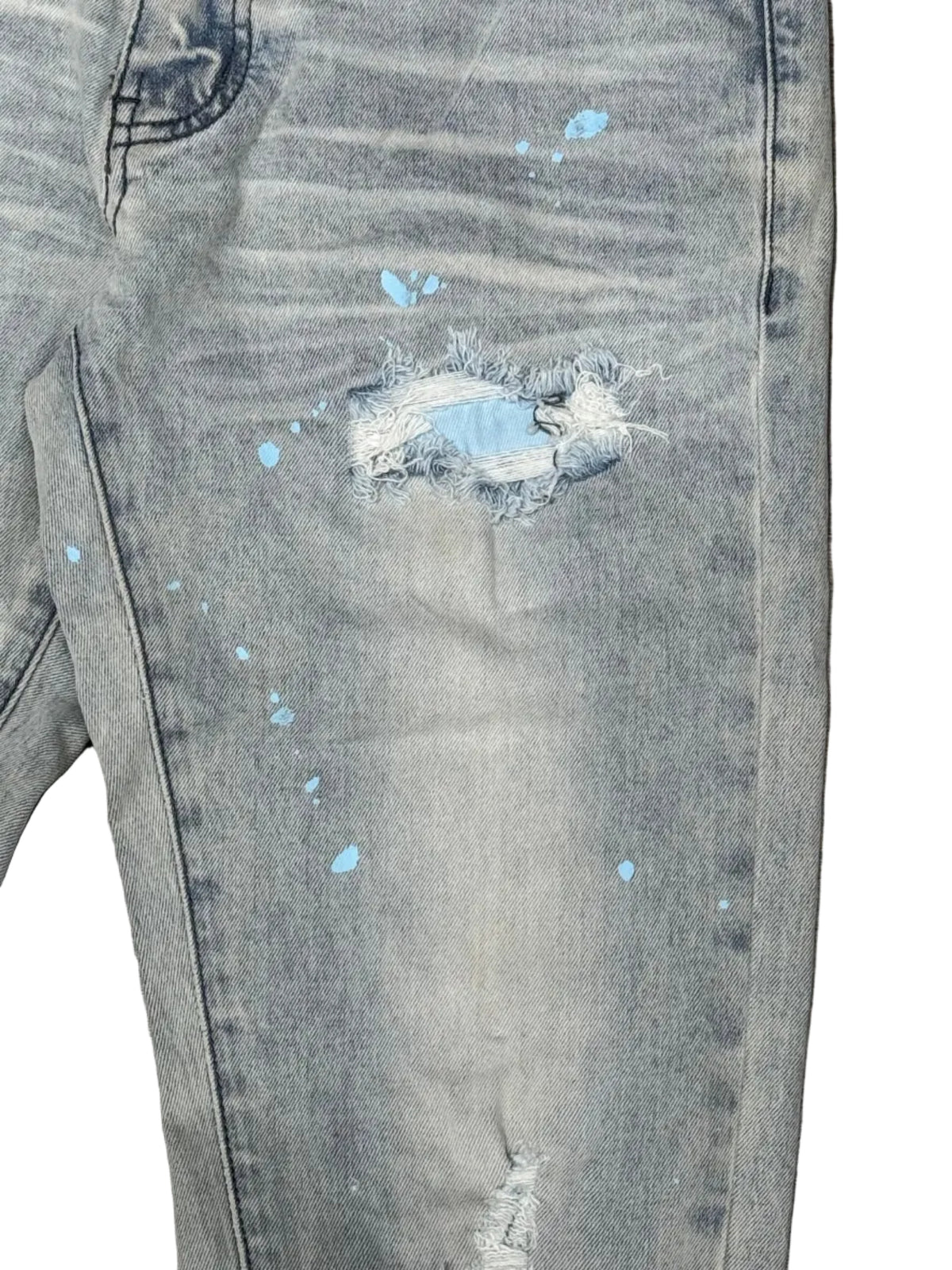 Denim City - Rip & Repair Light Washed Denim - W Baby Blue Stitch