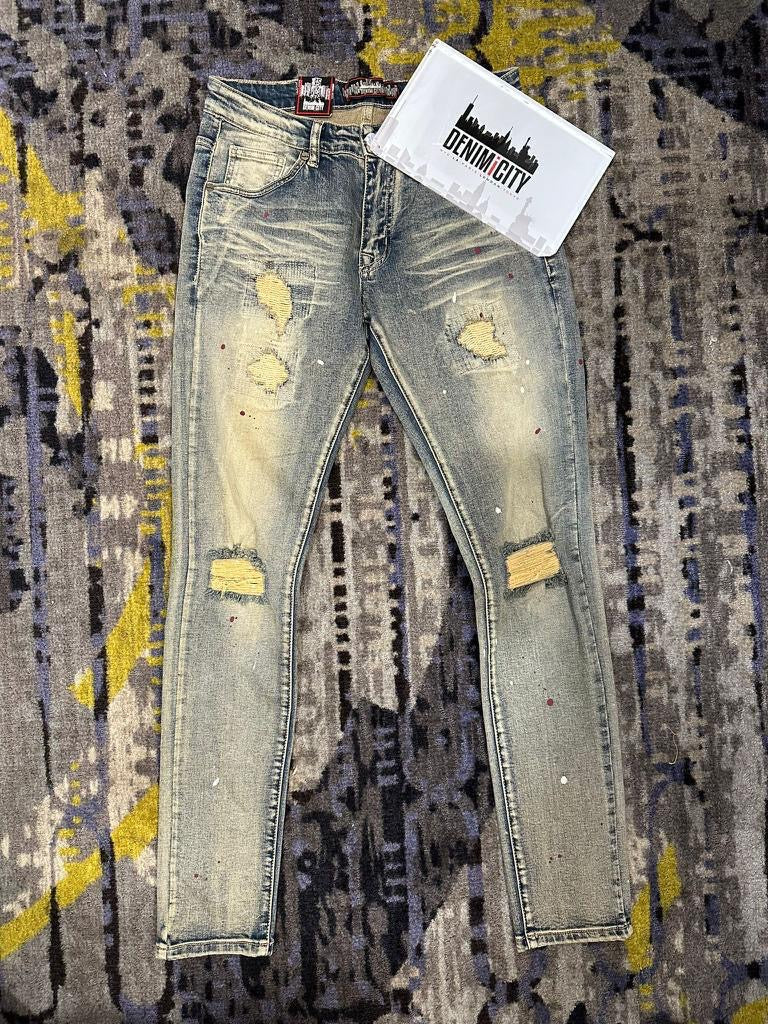 Denim City - Knee Ripped Washed Denim - Dark Vintage Burgundy Painted