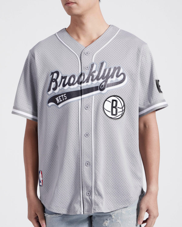 Pro Standard - Brooklyn Nets Script Tail Mesh Button Down Shirt - Gray