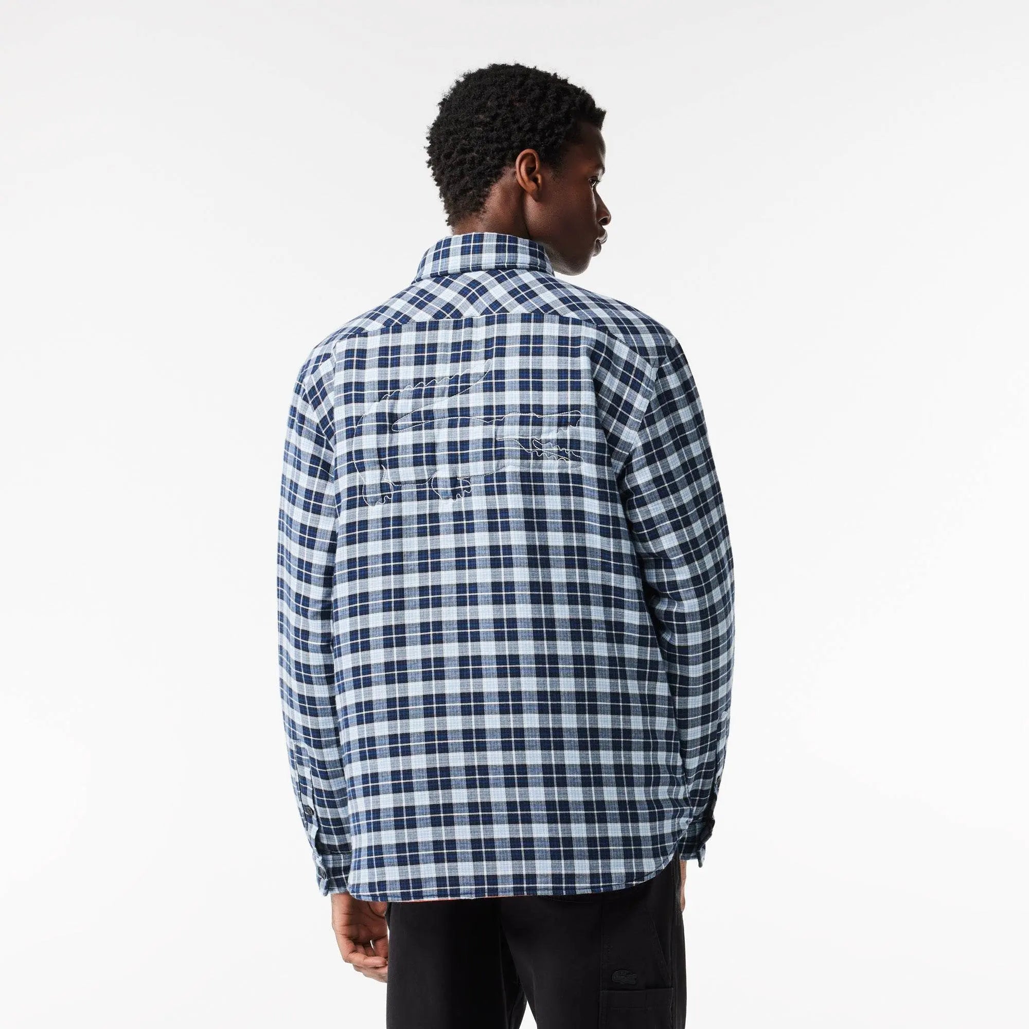 Lacoste Men's Checked Overshirt with Quilted Lining - Navy Blue White QLI - BLVD