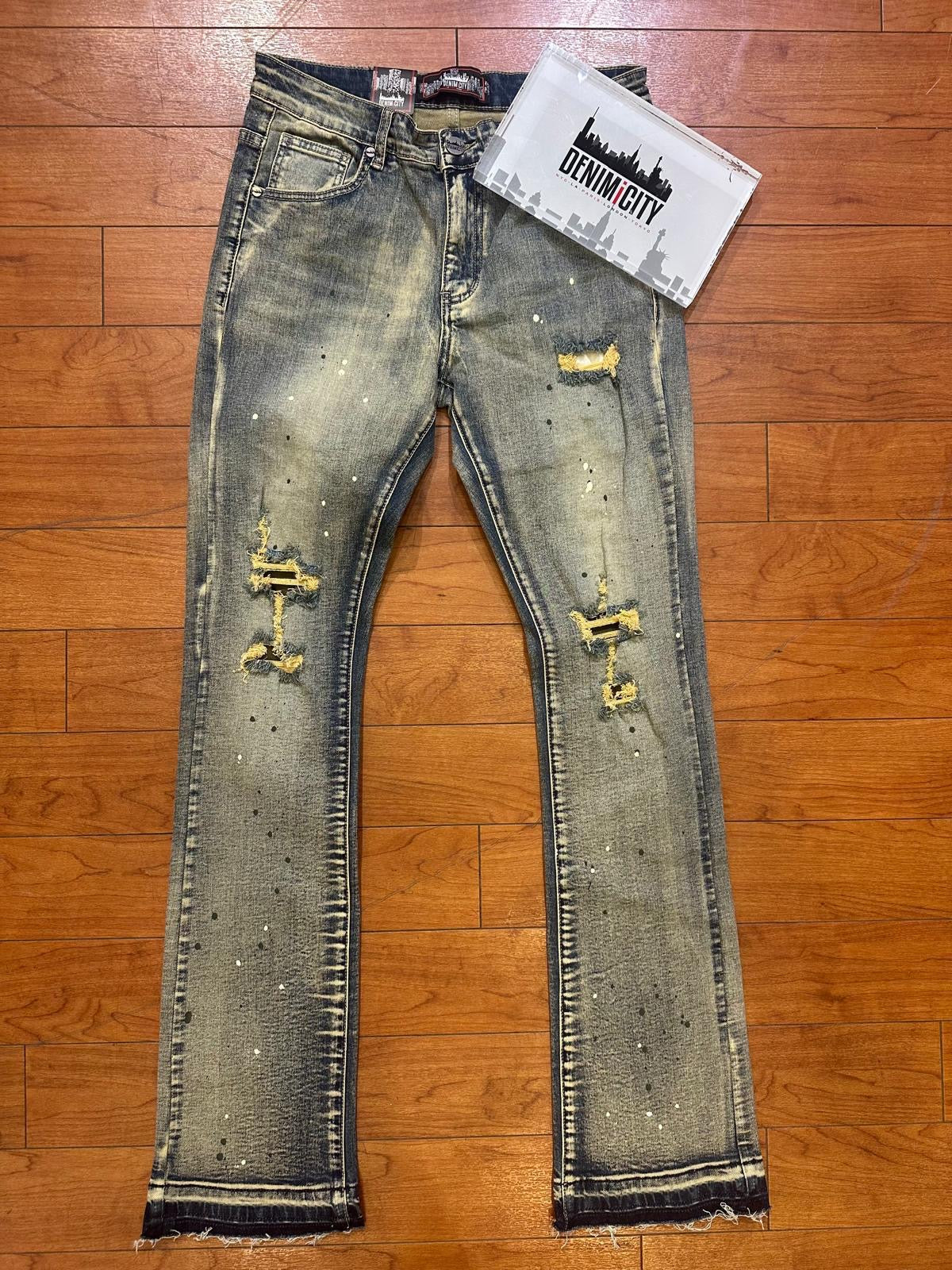 Denim City - Rip & Repair Dark Vintage Washed Denim - W Olive Stitch