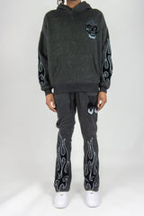 Rm - Flame Skull Acid Washed Hoodie &  Stacked Pants Set - Black Wash Rebel Minds