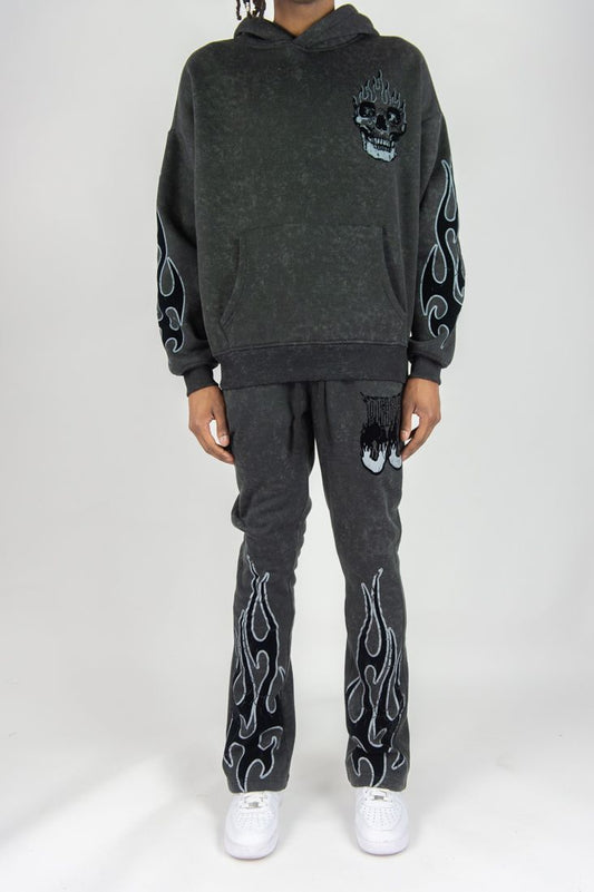 Rm - Flame Skull Acid Washed Hoodie &  Stacked Pants Set - Black Wash