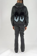 Rm - Flame Skull Acid Washed Hoodie &  Stacked Pants Set - Black Wash Rebel Minds