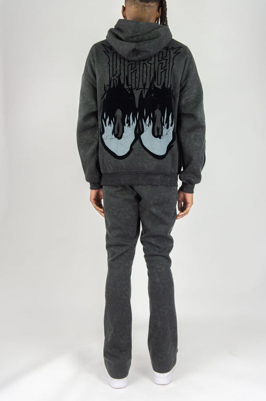 Rm - Flame Skull Acid Washed Hoodie &  Stacked Pants Set - Black Wash