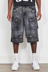 Fr - Washed Multi Cargo Denim Shorts - Black Stone FIRST ROW