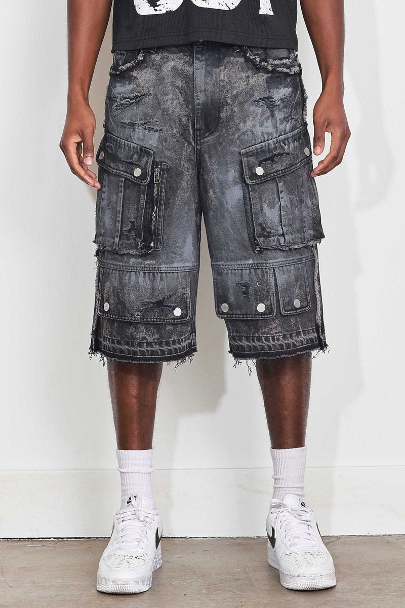Fr - Washed Multi Cargo Denim Shorts - Black Stone FIRST ROW