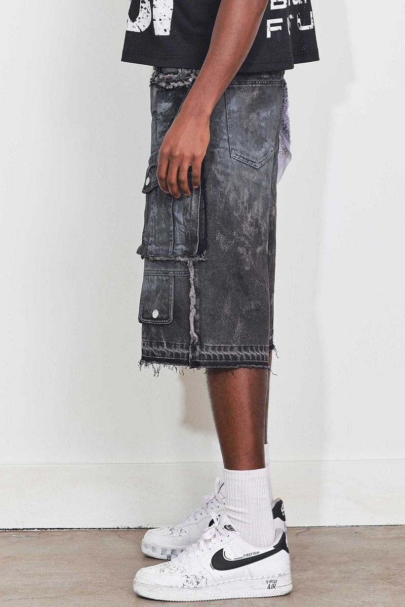 Fr - Washed Multi Cargo Denim Shorts - Black Stone FIRST ROW