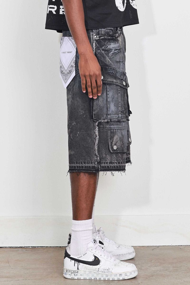 Fr - Washed Multi Cargo Denim Shorts - Black Stone FIRST ROW