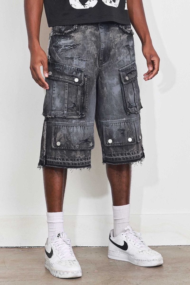 Fr - Washed Multi Cargo Denim Shorts - Black Stone FIRST ROW