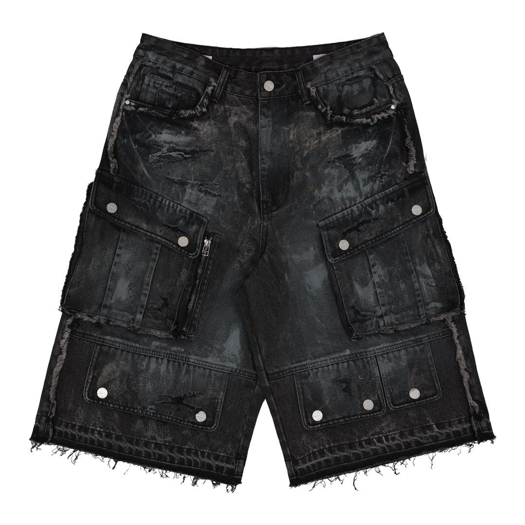 Fr - Washed Multi Cargo Denim Shorts - Black Stone FIRST ROW