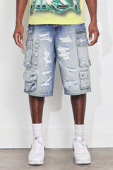 Fr - Washed Multi Cargo Denim Shorts - Medium Blue FIRST ROW