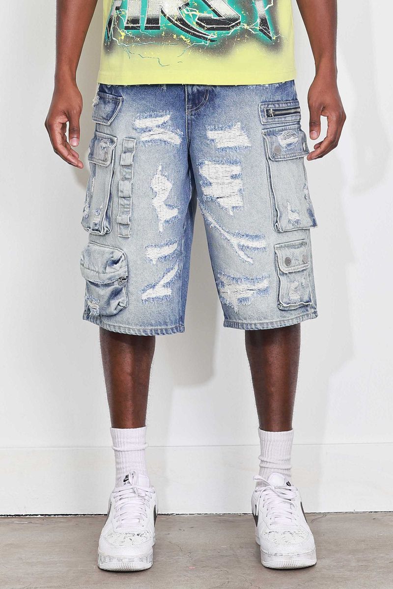 Fr - Washed Multi Cargo Denim Shorts - Medium Blue FIRST ROW