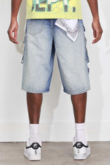 Fr - Washed Multi Cargo Denim Shorts - Medium Blue FIRST ROW