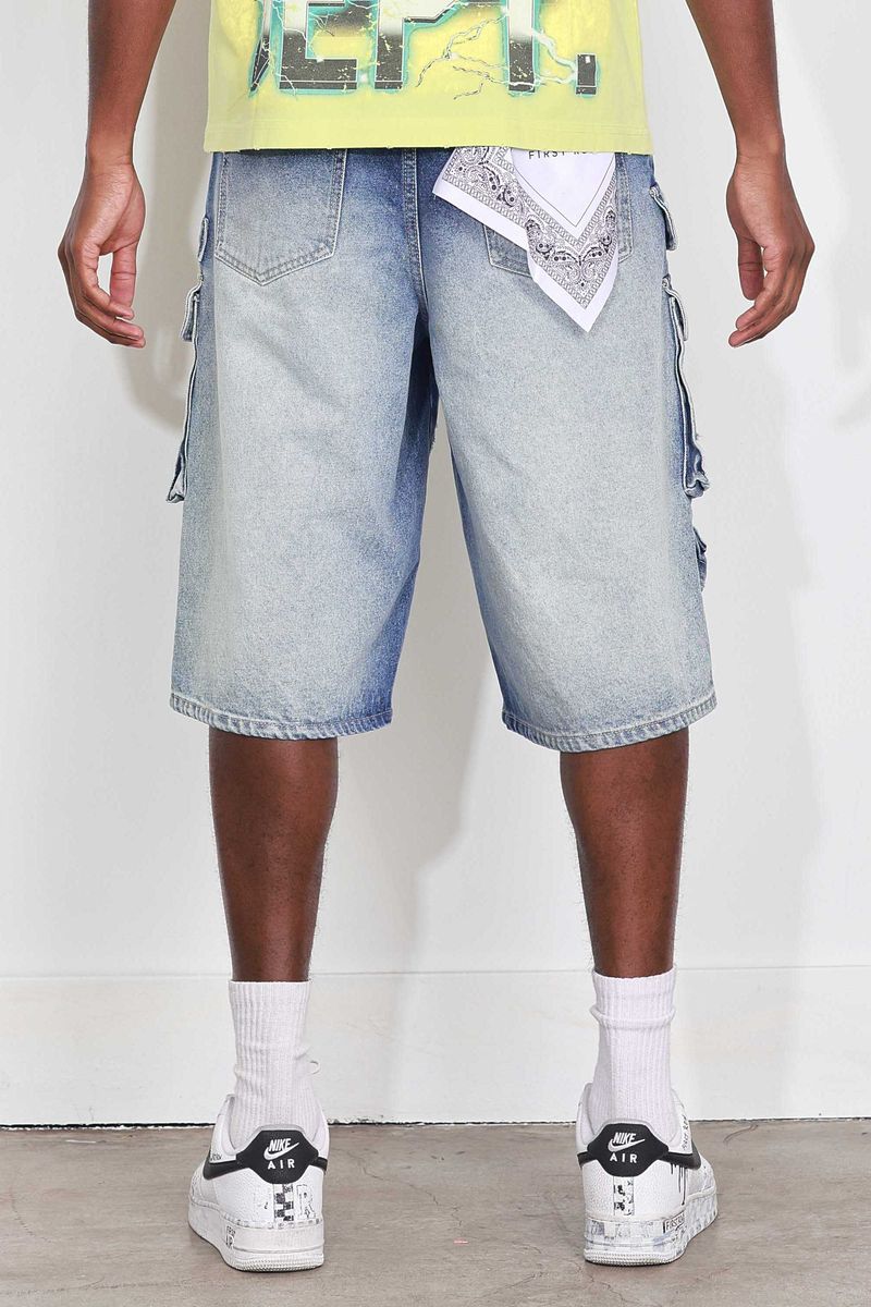 Fr - Washed Multi Cargo Denim Shorts - Medium Blue FIRST ROW