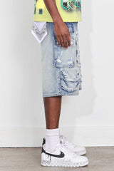 Fr - Washed Multi Cargo Denim Shorts - Medium Blue FIRST ROW