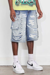 Fr - Washed Multi Cargo Denim Shorts - Medium Blue FIRST ROW