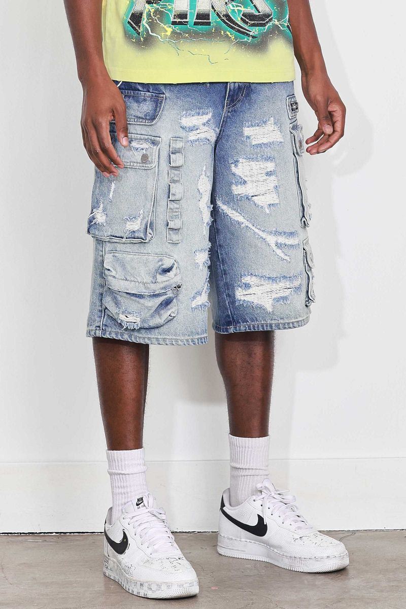 Fr - Washed Multi Cargo Denim Shorts - Medium Blue FIRST ROW
