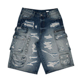 Fr - Washed Multi Cargo Denim Shorts - Medium Blue FIRST ROW