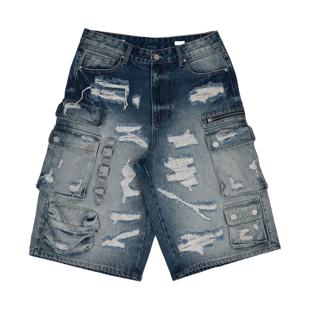 Fr - Washed Multi Cargo Denim Shorts - Medium Blue FIRST ROW