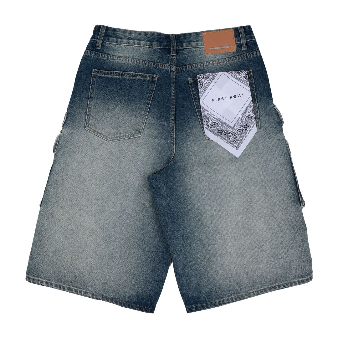 Fr - Washed Multi Cargo Denim Shorts - Medium Blue FIRST ROW