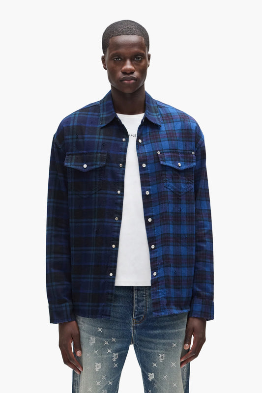Purple Brand - Half & Half Flannel Shirt - Blue M3009-FTNH425
