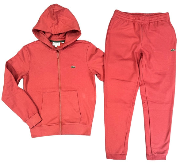 Lacoste Men's Fleece Zip-Up Hoodie & Tapered Fit Sweatpants Set - Sierra Red ZV9