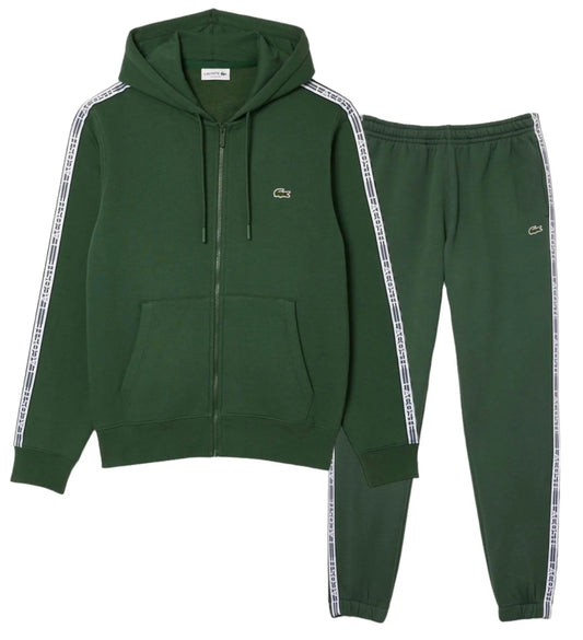 Lacoste Men’s Classic Fit Branded Stripes Zip-Up Hoodie & Logo Stripe Joggers Set - Dark Green SMI - BLVD