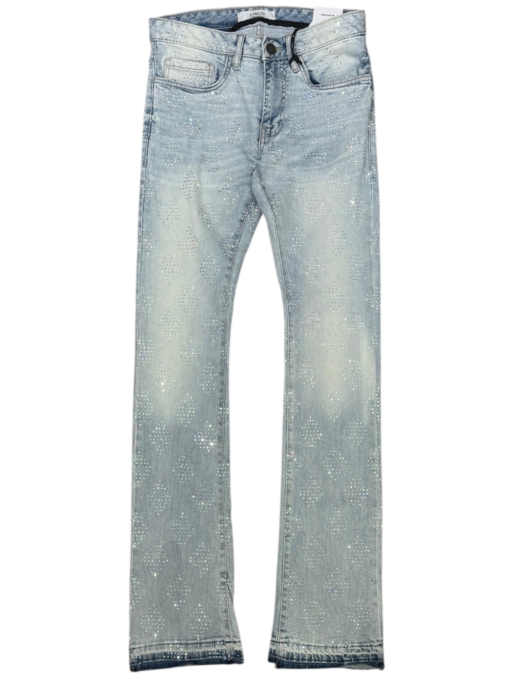 Liquid Crystal - Men Diamond Crystal Stacked Jeans - Ice Blue JTF2317 Liquid Crystal