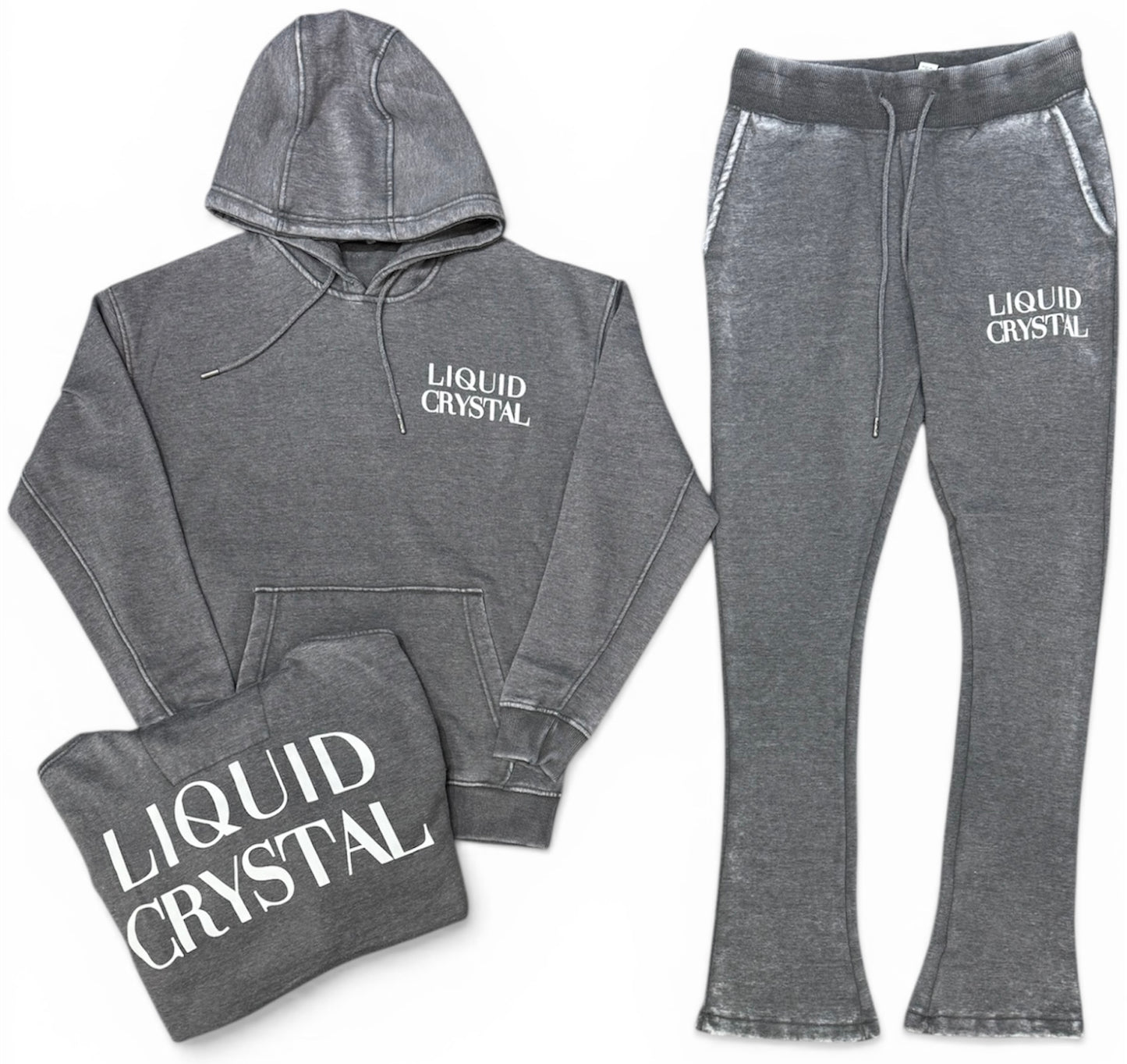 Liquid Crystal - Men Burn Out Wash Light Hoodie & Stacked Sweatpants Set - H Grey