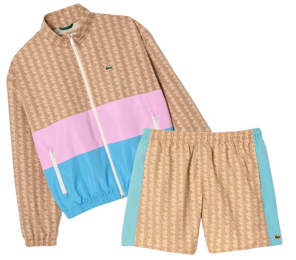 Lacoste Men's Monogram Track Jacket & Swim Trunks Shorts Set - Beige Pink Blue
