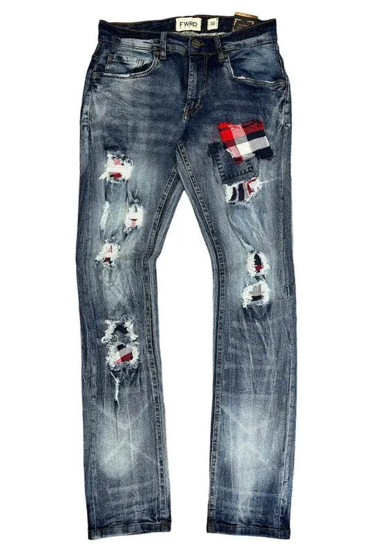 FWRD Denim Men Rugged Plaid Stretch Jeans - Blue Red - BLVD