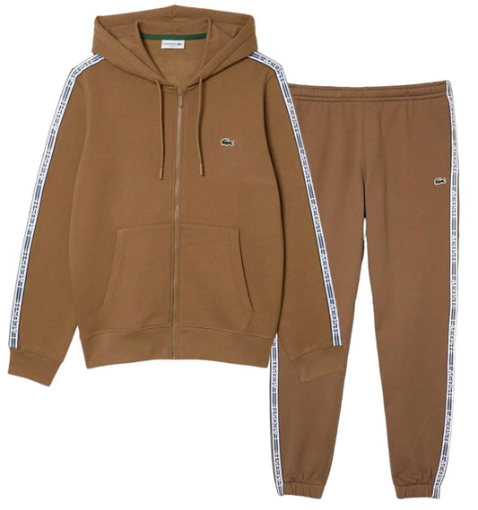 Lacoste Men’s Classic Fit Branded Stripes Zip-Up Hoodie & Logo Stripe Joggers Set - Brown SIX - BLVD