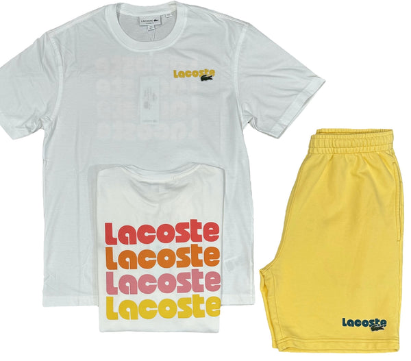 Lacoste Men's Washed Effect Printed  T-Shirt & Shorts Set - White Yellow