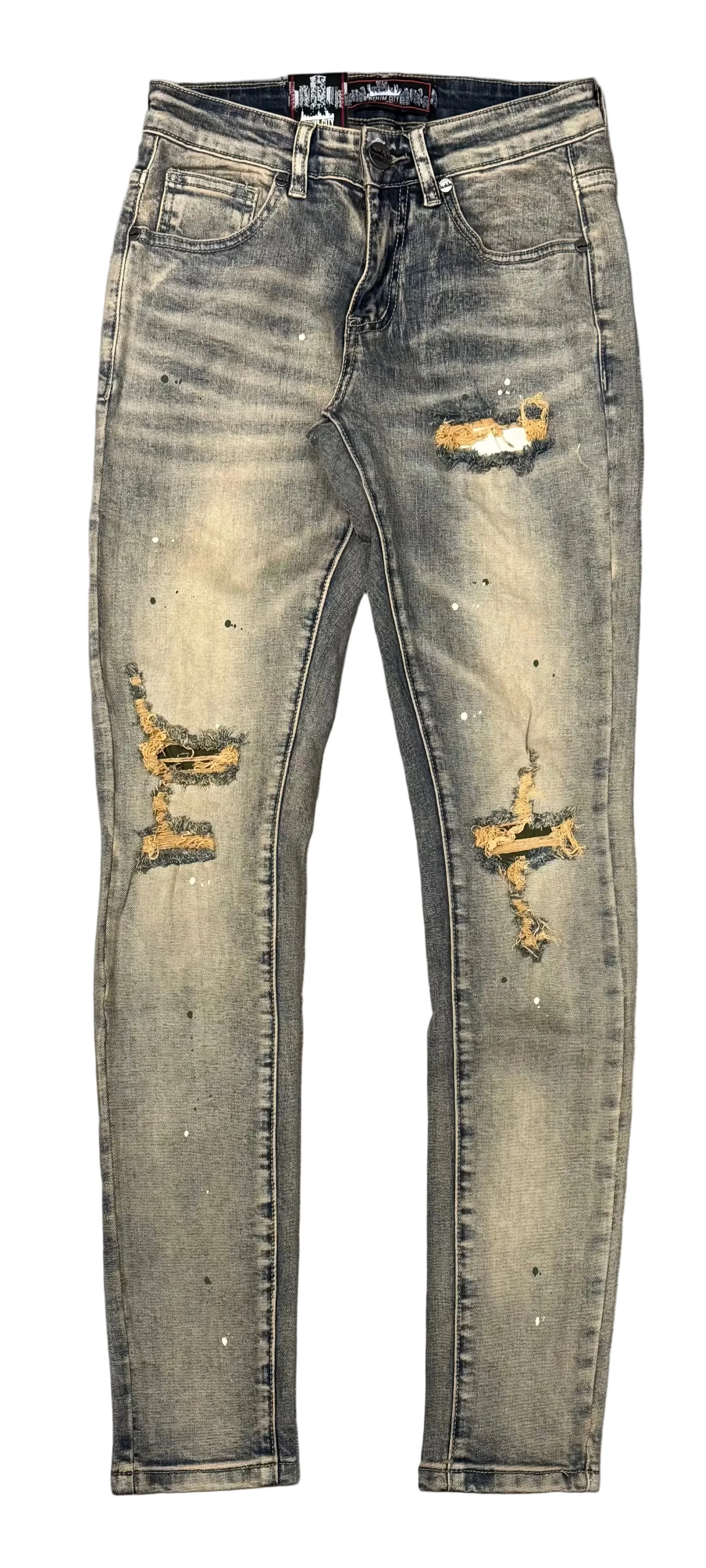 Denim City - Rip & Repair Dark Vintage Washed Denim - W Olive Stitch