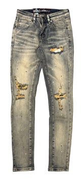Denim City - Rip & Repair Dark Vintage Washed Denim - W Olive Stitch