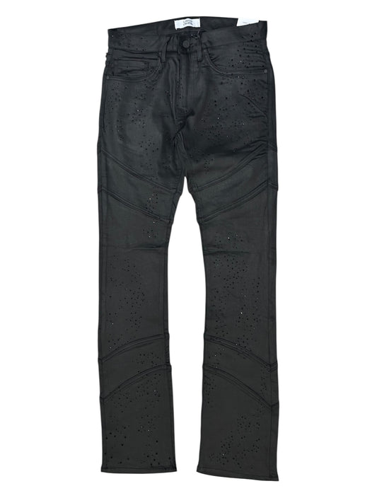 Liquid Crystal - Men Crystal Stacked Jeans - Jet Black Wax