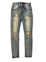 Denim City - Knee Ripped Washed Denim - Dark Vintage Burgundy Painted