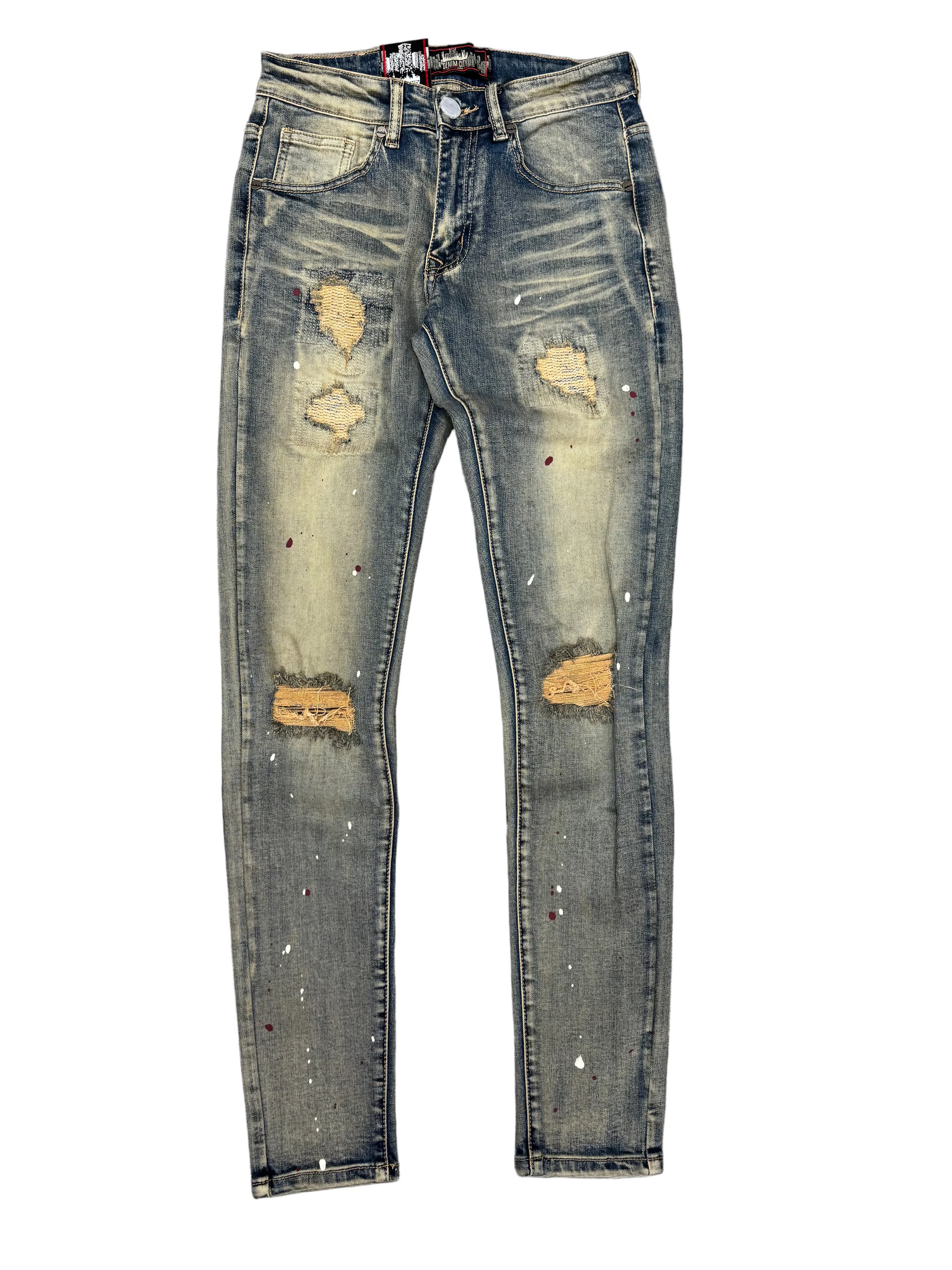 Denim City - Knee Ripped Washed Denim - Dark Vintage Burgundy Painted