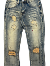 Denim City - Knee Ripped Washed Denim - Dark Vintage Burgundy Painted