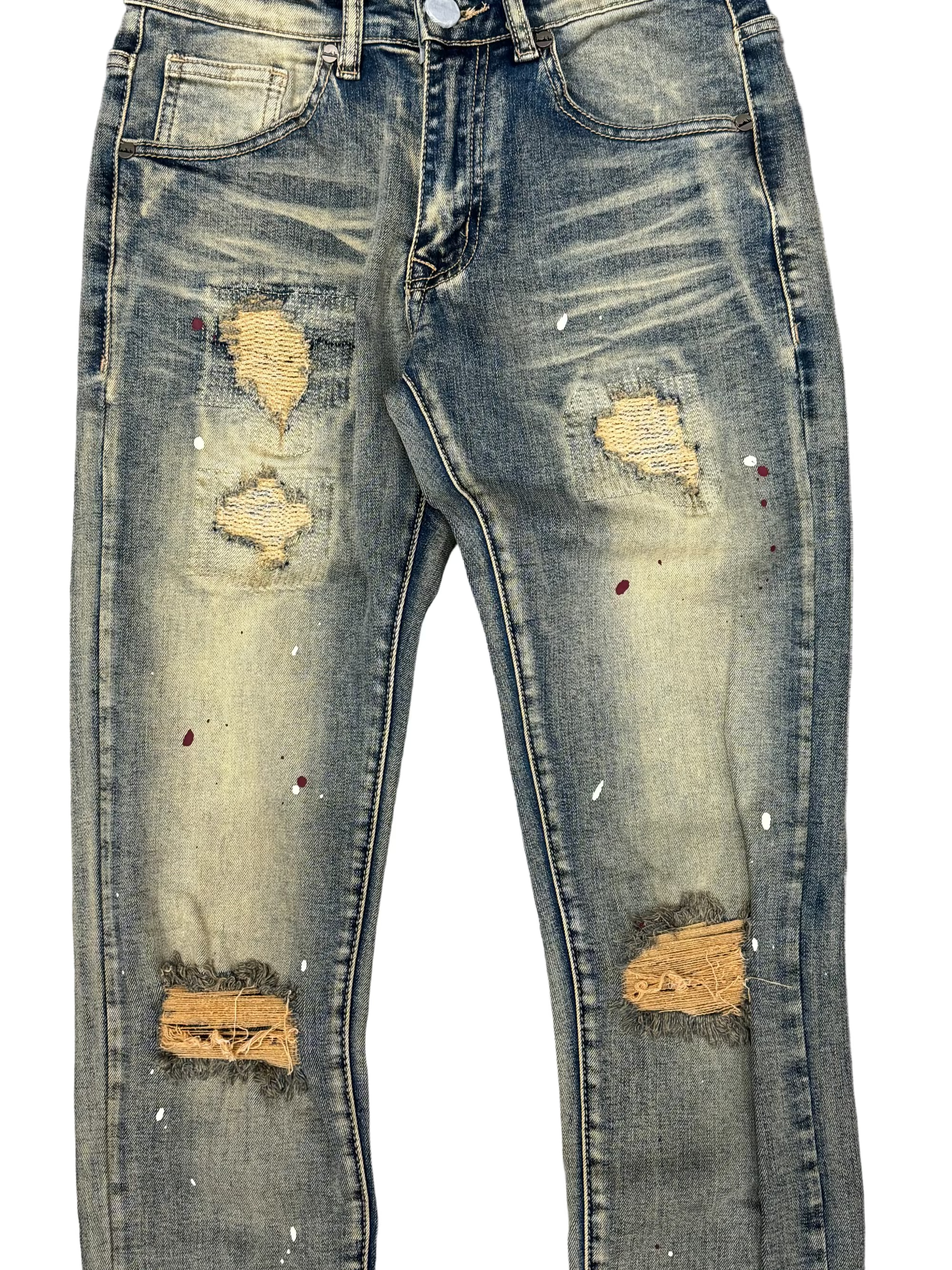 Denim City - Knee Ripped Washed Denim - Dark Vintage Burgundy Painted
