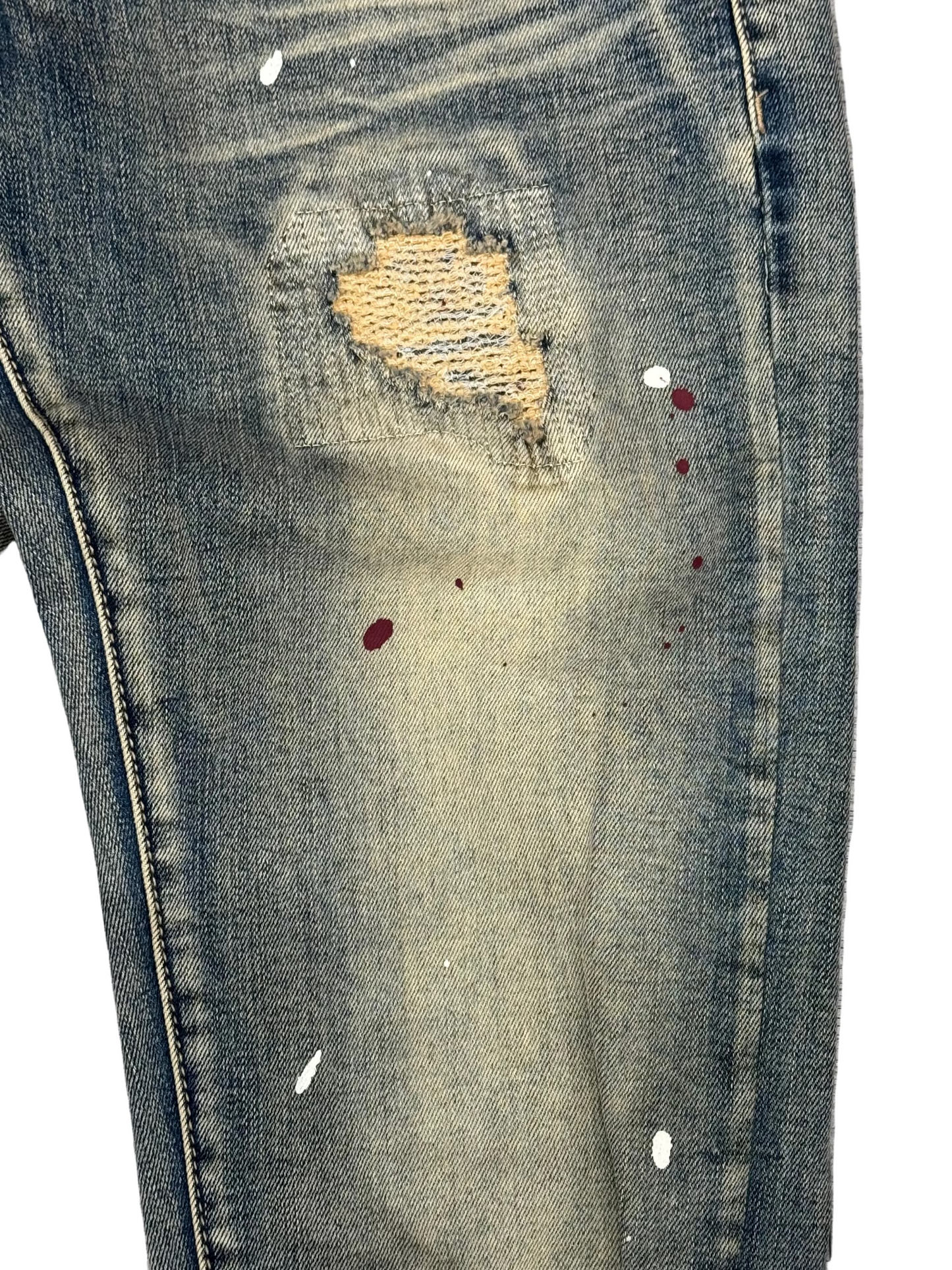 Denim City - Knee Ripped Washed Denim - Dark Vintage Burgundy Painted