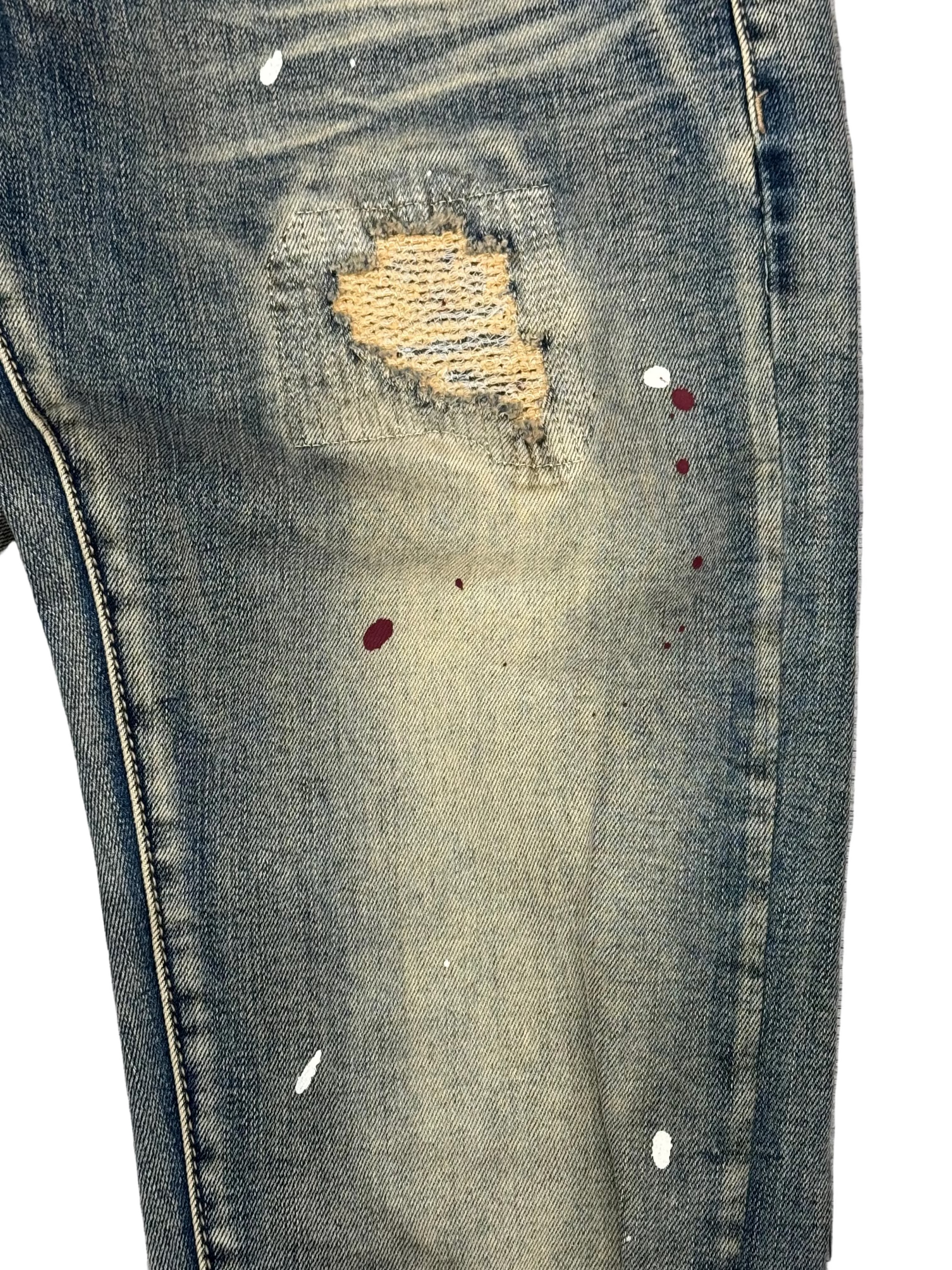 Denim City - Knee Ripped Washed Denim - Dark Vintage Burgundy Painted