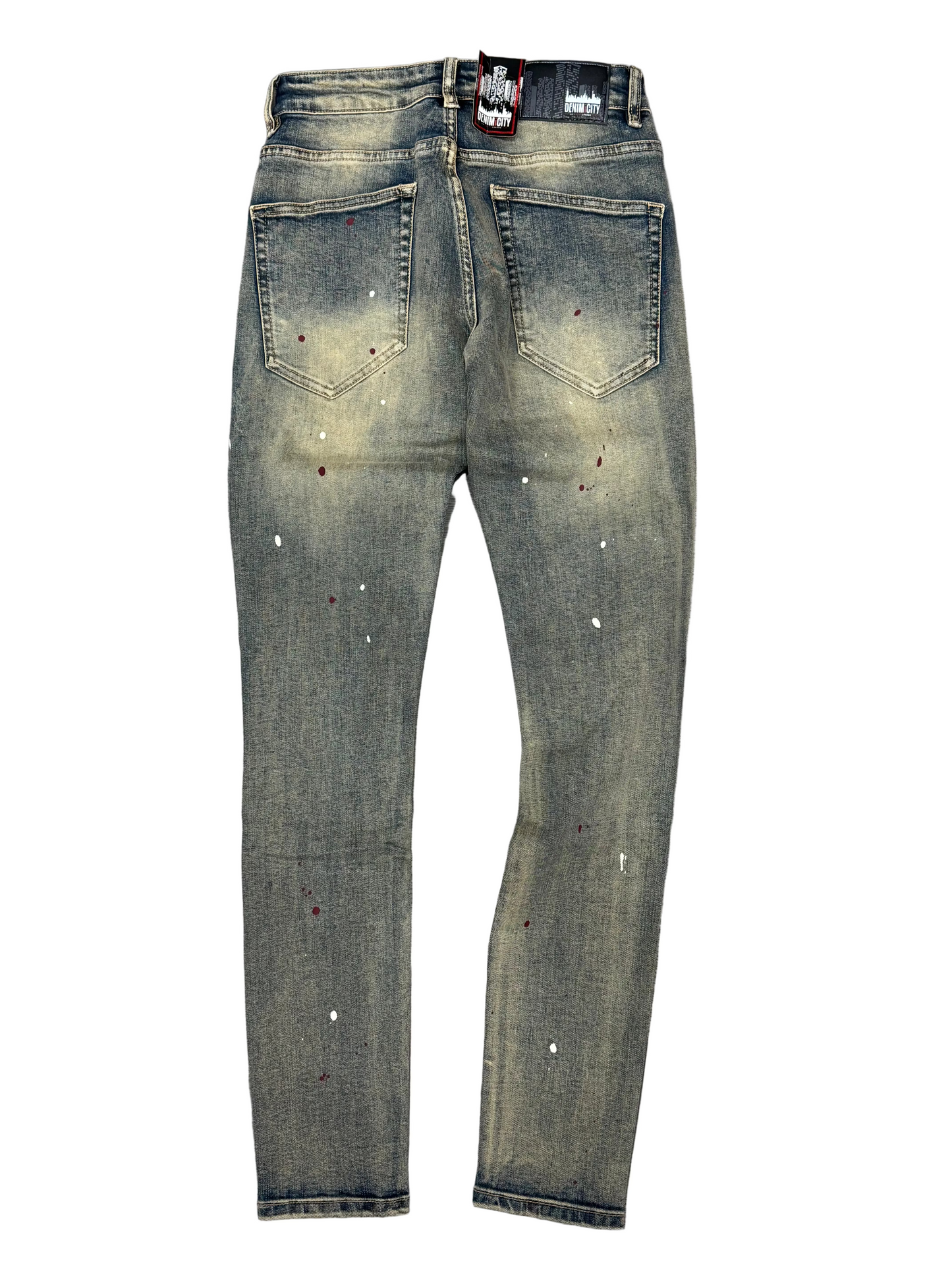 Denim City - Knee Ripped Washed Denim - Dark Vintage Burgundy Painted