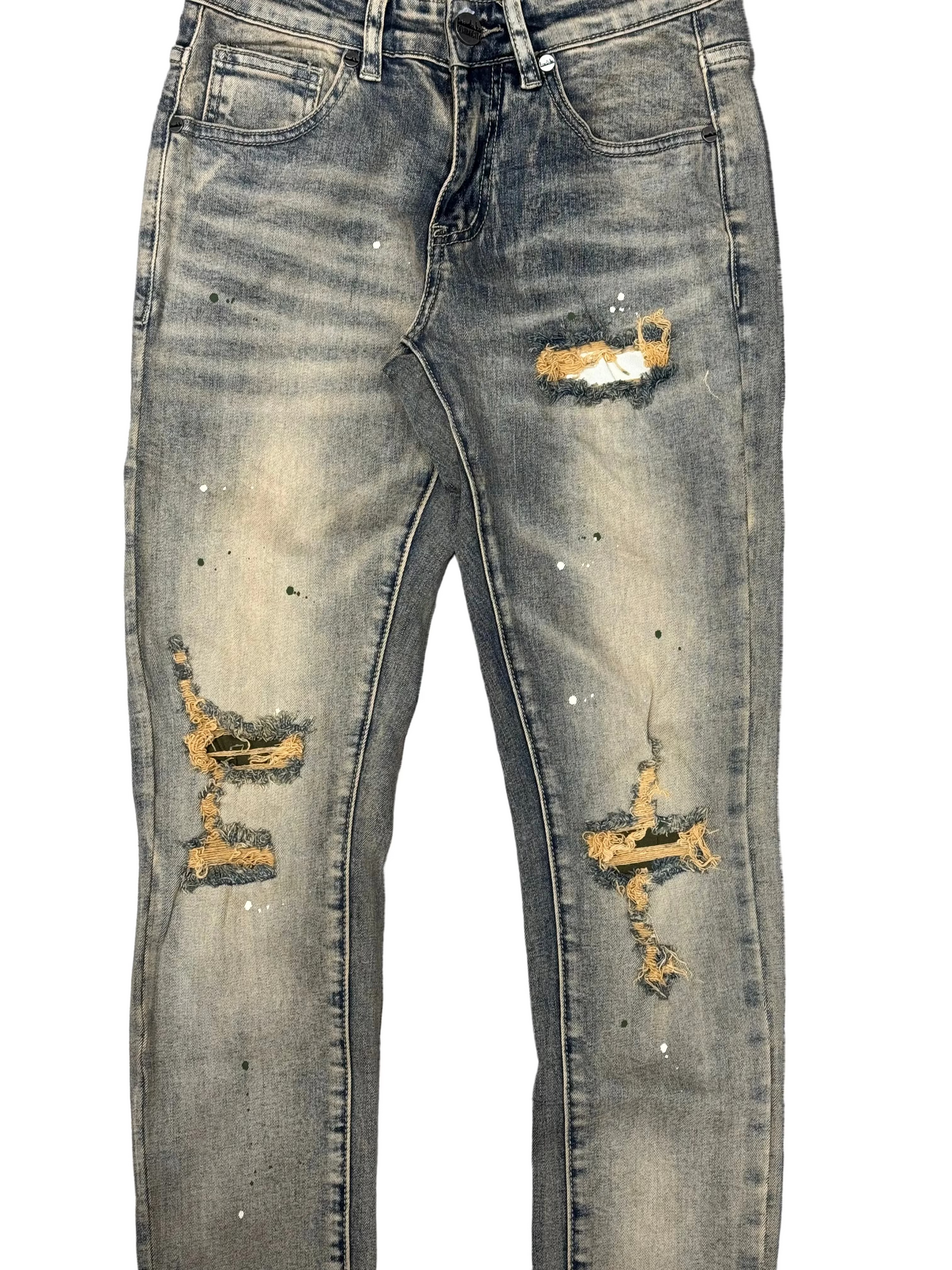 Denim City - Rip & Repair Dark Vintage Washed Denim - W Olive Stitch
