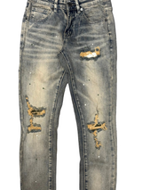 Denim City - Rip & Repair Dark Vintage Washed Denim - W Olive Stitch