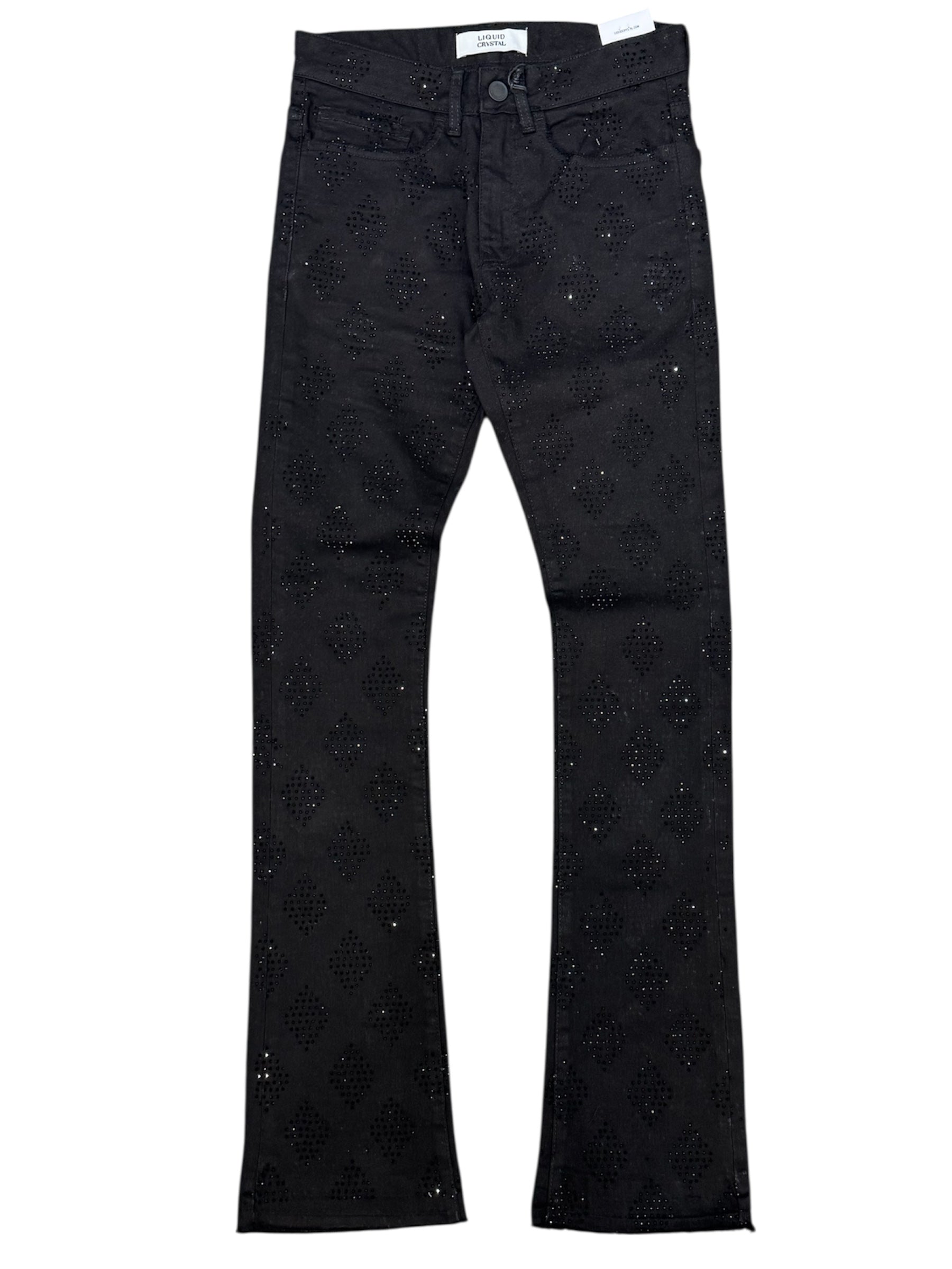 Liquid Crystal - Men Diamond Crystal Stacked Jeans - Jet Black JTF2317 Liquid Crystal