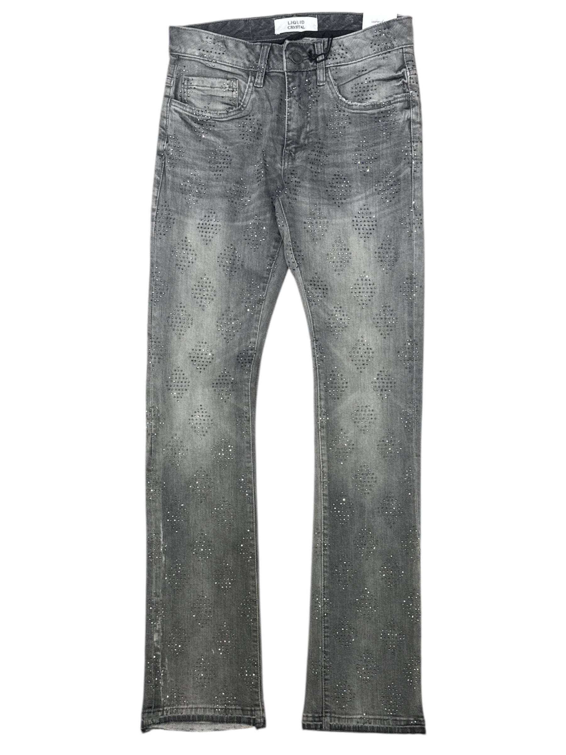Liquid Crystal - Men Diamond Crystal Stacked Jeans -  Smoked Grey JTF2317 Liquid Crystal