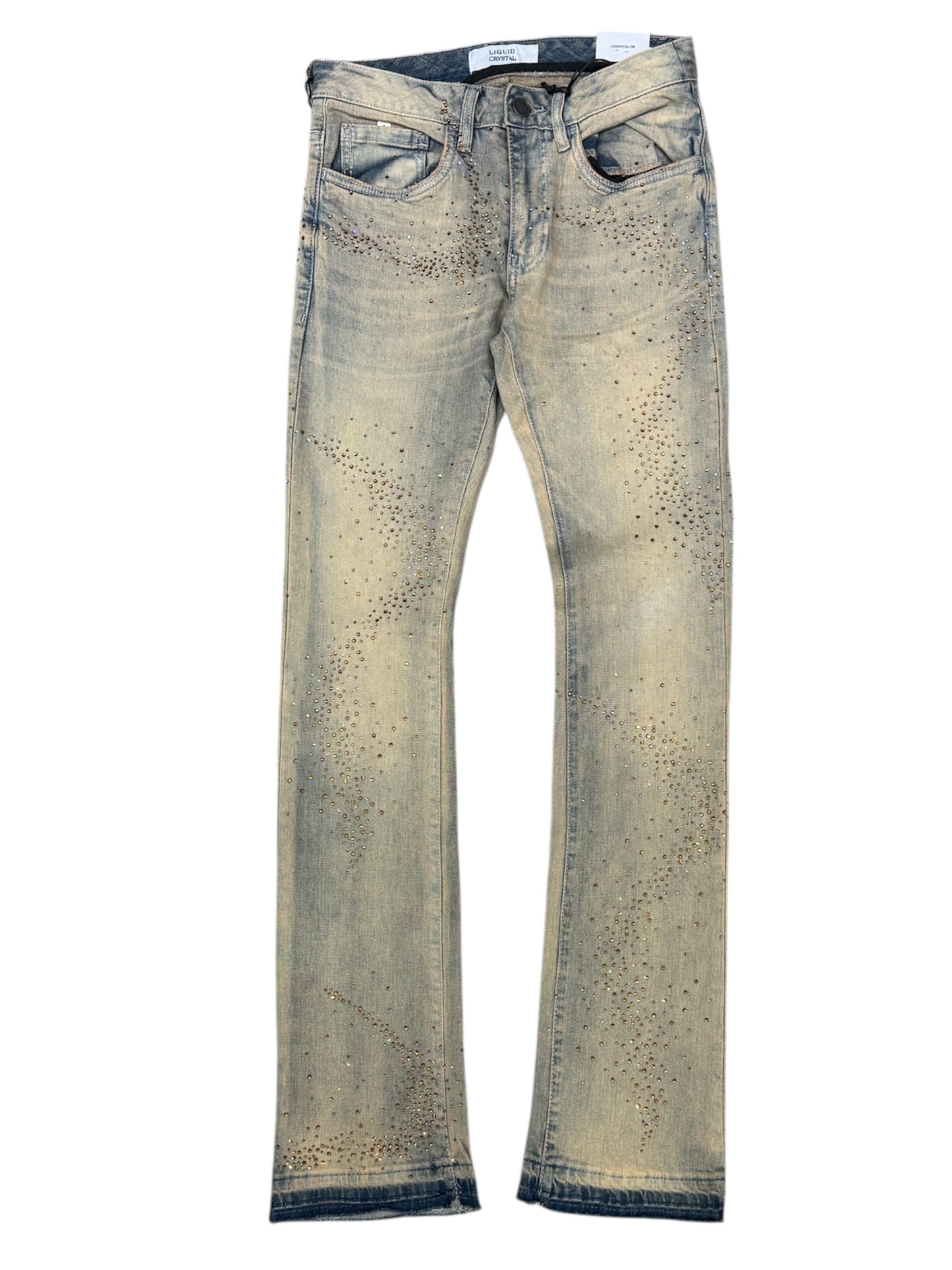 Liquid Crystal - Men Small & Big Crystal Stacked Jeans - Cream Wash JTF2316